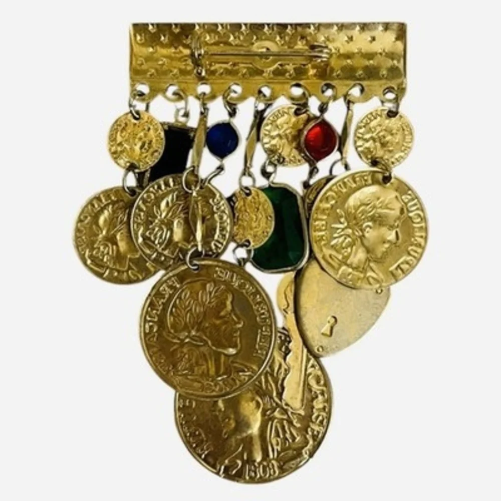 Vintage Gold Tone French Republic Coin Charm Brooch Multi Crystal Statement 3.5